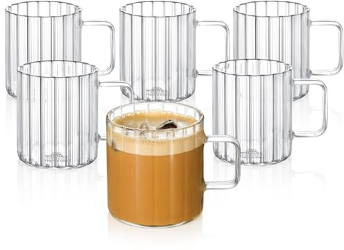 Wilmax - Verres thermiques avec anse - Lot de 6-250 ml - Verres en verre cannelé pour l'eau, le thé, le café - Verres à thé et à café - Gobelets - Lavables au lave-vaisselle