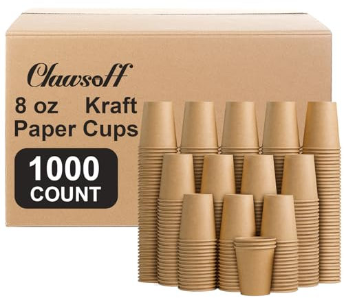 Clawsoff Paquete de 1000 vasos de papel de 8 onzas, tazas de café desechables de papel kraft marrón, vasos de papel sin blanquear para fiestas de bebidas calientes/frías, picnic, viajes y eventos.