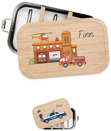 Bärenfreunde® - Personalisierte Brotdose für Kinder mit Spezial-Druck - Robuste Edelstahl Brotdose - Personalisierte Geschenke für Kinder & Erwachsene (Feuerwehr,klein Edelstahl)