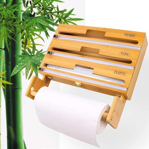 ITETONE Plastic Wrap Dispenser With Slide Cutter And Holder,4 In 1 Bamboo Storage Organizer For Tin Foil,Cling Film,Parchment And Kitchen Paper Holder Reusable Dispenser,Fits 12 Roll