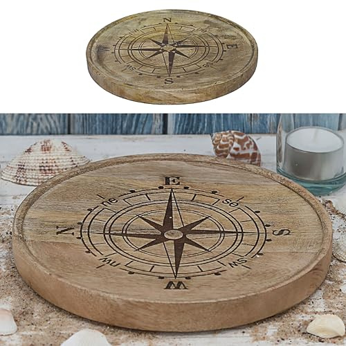 Cepewa Assiette décorative rose des vents | Couleur naturelle Ø 25 cm x 4 cm Bois de manguier | Rose boussole Dessous de plat en bois