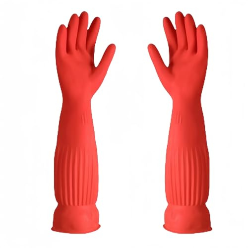 HSTWODE 2 Paar Wasserdichte Gummi-Latex-Geschirrspülhandschuhe, lange Stulpe, beflocktes Innenfutter, Haushaltsreinigungshandschuhe (2 Paare Länge 45 cm, XL)
