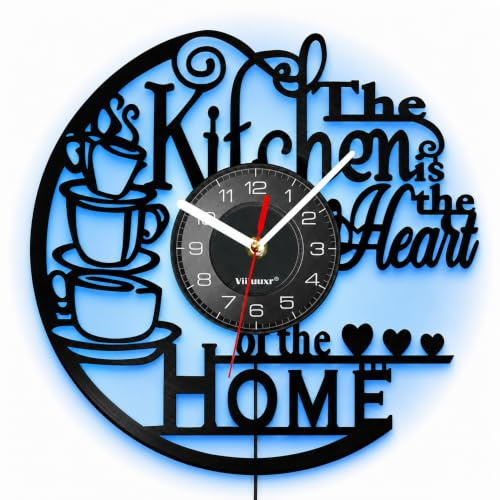 Viiluuxr LED Küchenuhr 30 cm, Kaffeethema Vinyl Wanduhr ohne Ticken | 7 Farboptionen mit Fernbedienung; USB-Stromversorgung, USB-Netzteil und AA-Batterie nicht enthalten