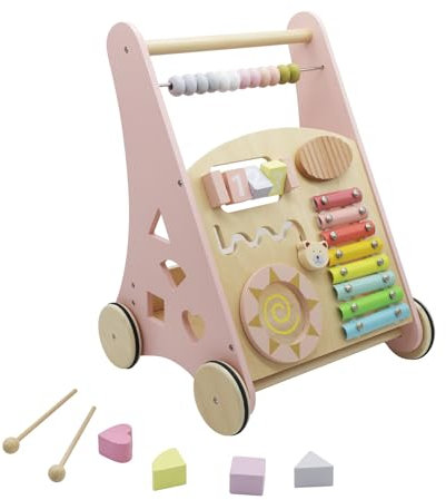 Lauflernwagen aus Holz für Babys, Lernspielzeug, fördert motorische Fähigkeiten, Lauflerner ~Activity Walker ~ Baby Walker aus Holz mit Xylophon und Holzsteckspiel (Rosa/Natur)