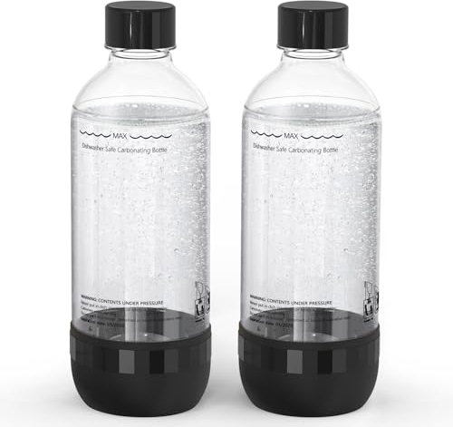 Mycket Soda Maker Bottles, 2 Dishwasher-Safe Bottle for Water Carbonation Bottle, 1 Litre BPA Free Reusable PET Sparkling Water Bottles for Soda Machine, Black