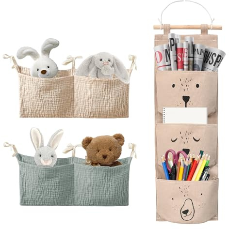 2 stycken babysäng arrangör, hängande sängarrangör, med 1 vägghängande väska, vikbar hängande väska med 3 fickor, för badrum, barnrum, sovrum