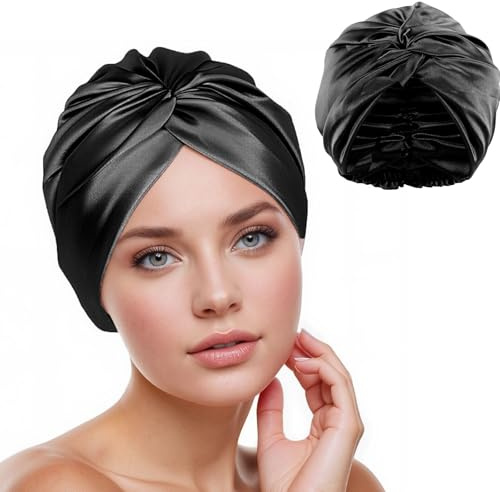 Verstellbare Seidenhaube zum Schlafen - Alle Größen & Haartypen geeignet, Rutschfest & Atmungsaktiv - Für Locken, Glattes & Langes Haar - Nachtpflege & Reise (schwarz)