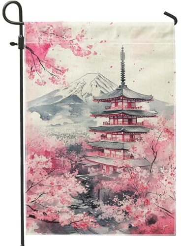 Drapeau de jardin en forme de cerisier, fleurs de cerisier de pêche, décoration extérieure, décoration saisonnière de printemps, bannière double face en toile de jute pour pelouse, cour, fête, 30,5 x