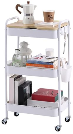 YOTATING Rollwagen mit 3 Ebenen, Aufbewahrungswagen, Küchenregal mit Rollen, Allzweckwagen, Servierwagen mit 4 Haken, 3 Organizer, Abnehmbarem Holztablett für Küche Bad Wohnzimmer Schlafzimmer, Weiß