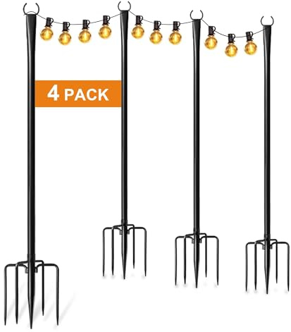 10Ft String Light Poles 4 Pack, Light Poles for Outside Lights, Outdoor with Fence Brackets Hanging Lights, Metal Stand Deck Patio Backyard