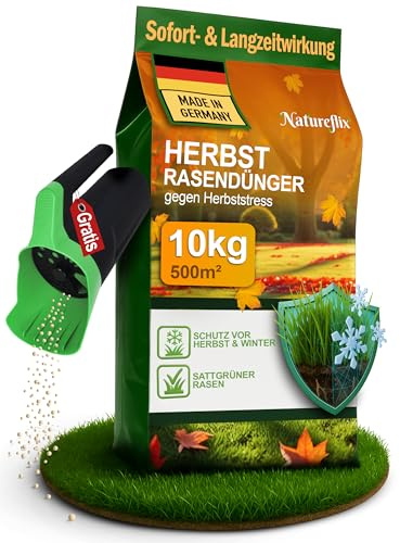 Natureflix Herbstdünger Rasen + GRATIS HANDSTREUER | Herbstrasendünger staubarm | mit Winterschutz | Körnung 2–5 mm | Rasendünger Herbst ist Kind- & tierfreundlich (10kg für 500m²)