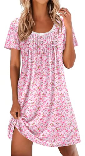 Ekouaer Nattlinne Dam Kortärmad Sovskjorta Dam Sommar med Blomtryck Lös Knälång Nattklänning Bekväm Loungewear Mjuk Sovskjorta, ROSA, XXL
