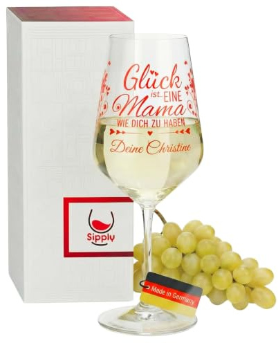 Sipply Weinglas Glück ist eine Mama personalisiert mit Name 530 ml Geschenke zum Geburtstag Weihnachten Muttertag für Frauen Mutter Oma Weinliebhaber