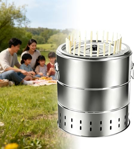 Barbecue a carbonella portatile senza fumo, con bordo in acciaio inox, a 360°, versatile, grande capacità, RS22, ideale per cucinare all'aperto, campeggio e feste