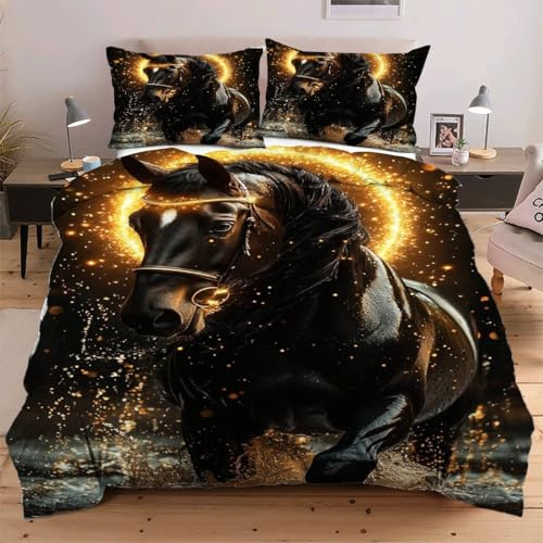 Fotmung Housse de Couette 240x260 cm Animal Cheval, Ensemble de Linge de Lit 3 Pièces, Résistant à l'usure et avec Sangles aux 4 Coins pour Fixer la Couette, Évite Le Glissement W264