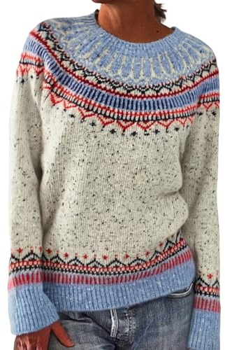 Strickpullover Damen Winter, Norweger Pullover Damen Stricken, Warm | Rundhals Locker Winterpullover Mit Norwegermuster Langarm Langarmpullover Lässig Dicke Oberteile