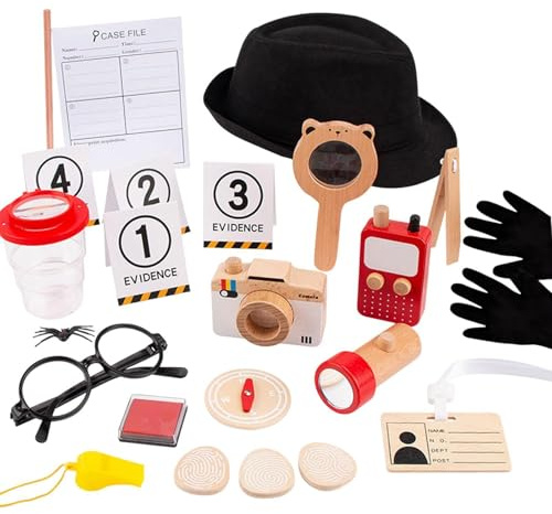 BEALIFE Déguisement de détective pour enfants : aventures extraordinaires avec accessoires en bois pour jeux de rôle, camping, randonnée et activités plein air. Tenues et hauts inclus.