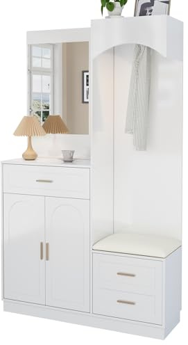 muenfly Garde-robe compacte moderne pour couloir, 110 x 33 x 185,5 cm, avec miroir, banc et armoire à chaussures, ensemble multifonctionnel, blanc