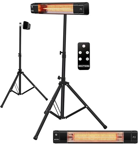 Echos® Karbon Infrarot Heizstrahler 1500W langlebiges Carbon-Heizelement – Terrassenheizer elektrisch für Balkon, Wintergarten & Innenbereich, Standfuß oder Wandmontage, 3 Stufen, Timer, Fernbedienung