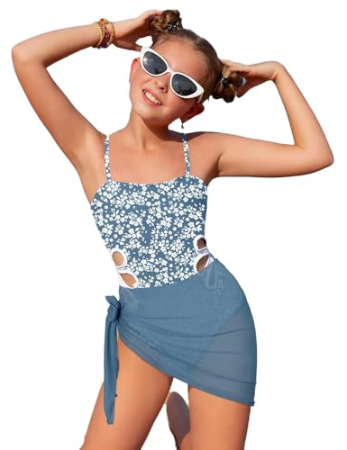 Costume da bagno da bambina con spalline regolabili, elegante sciarpa di seta per attività estive in acqua, Blu marino, 13-14 Anni