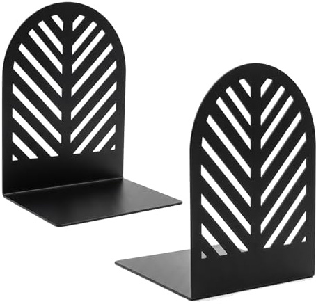 Modern Metal Bookends for Shelves, 1 Pair Minimalist Leaf Shaped Geometric Design, Heavy Duty Non-Slip Decorative Book Ends for Home & Office Living Room Desk Decor, Sturdy Steel Book Holder