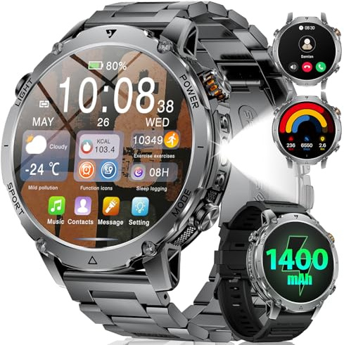 LIGE Montre Connectée Homme, Batterie 1400mAh, Écran HD 1,7 Pouce, Lampe LED, 110+ Modes Sport Montre Militaire Homme, Suivi Sommeil, IP68 Étanche, Smartwatch pour Android iOS, 2 Bracelets, Noir