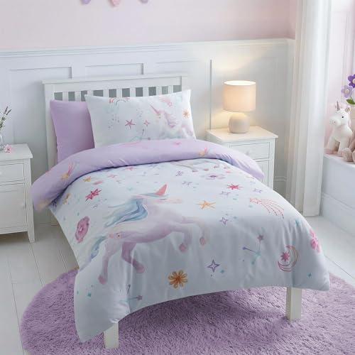 Adore Home Single Duvet Cover Set Lilac Unicorn Kids Bedding & Pillowcase | Soft Easy Care Microfibre Bed Linen With Colourful Designs For Children's Bedrooms