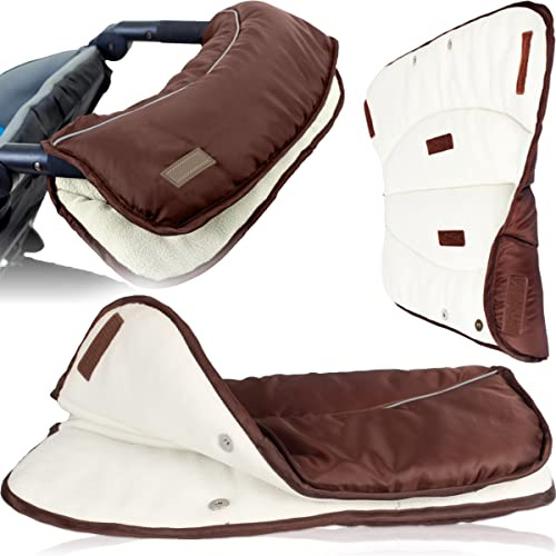 Kinderwagen Handwärmer Handmuff mit kuschelweichen FLEECE Handschuhe Kinderwagenmuff Buggy Sportwagen Universal Wind - und Wasserabweisend reflektierend (BRAUN/WEIß)