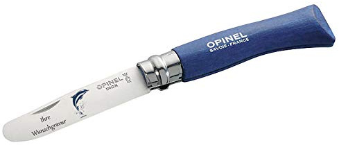 OPINEL Kindermesser, Buchenholz, blau, Delfinmotiv, mit Namensgravur