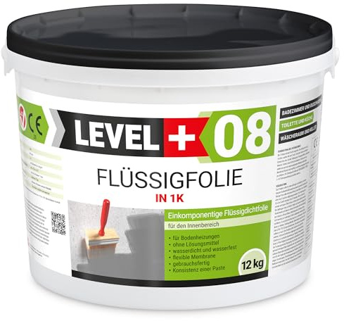 Level + 08 Flüssigfolie für Bad, Dusche & Küche – Dichtfolie unter Fliesen | auf Beton, Putz & Estrich – Wasserdichte Verbundabdichtung für Innenräume – Gebrauchsfertig und Elastisch – 12 kg