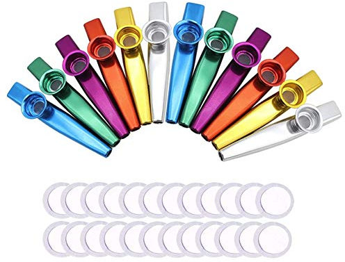 Anyasen Kazoo Set 12 Stück kazoo instrument Metall Kazoo Musikinstrumente für Kinder und Musikliebhaber aus Aluminium 6 Farben mit 24 Stück Kazoo Flöten Membranen