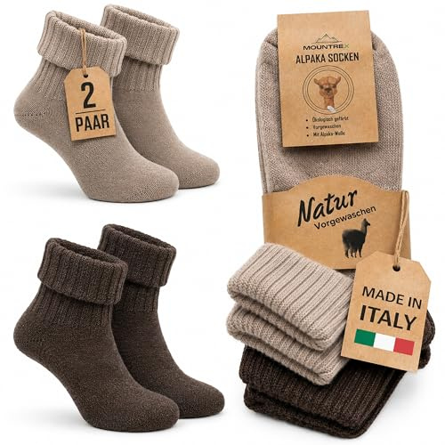 MOUNTREX® Alpacka strumpor, ullstrumpor för kvinnor och män – vinterstrumpor, varma husstrumpor, termostrumpor – tunna – gosiga strumpor – 2 par, beige/brun (med kuvert), 43-46 EU