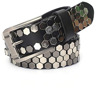 YZJYB Herren Damen Hexagon Muster Echtleder Gürtel mit Kratzfeste Schnalle 105cm - 125cm Länge Nietengürtel für Oder Gothic-Outfits,Schwarz,110CM