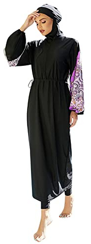 IMEKIS Damen Muslimisch Bademode 3tlg Kopftuch Bescheidener Badeanzug Islamischer Burkini Badeanzug Langarm Schwimmoberteil mit Hose Hijab Ganzkörper Schwimmanzug Schwarz 9 XL