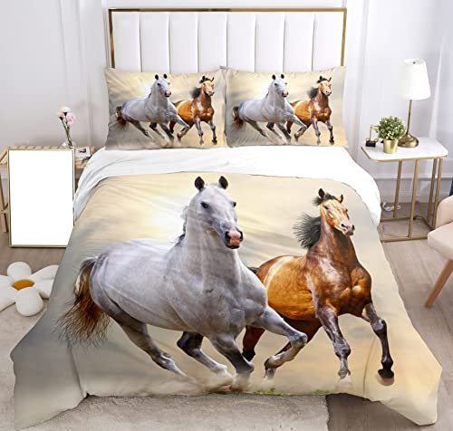 SHUAIG Set di biancheria da letto con Cavallo,3D set di biancheria da letto per bambini con motivo di cavalli animali e copripiumino, per bambini, ragazzi, adolescenti.(Due cavalli,200x200cm)