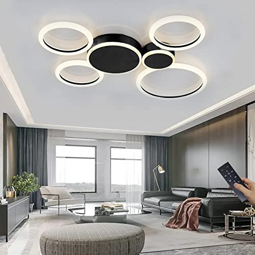 LED Deckenleuchte Wohnzimmerlampen Moderne Ring Designer Schlafzimmer Deckenlampe Dimmbar Mit Fernbedienung Deko Deckenlicht aus Metall Acryl für Wohnzimmer, Flur, Schlafzimmer (Schwarz, 6 Ring,78W)