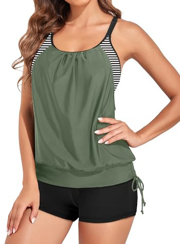Holipick Army Green Striped Blouson Tankini Swimsuits for Women - Two Piece Tummy Control Bathing Suit with Shorts Modest Swimwear M