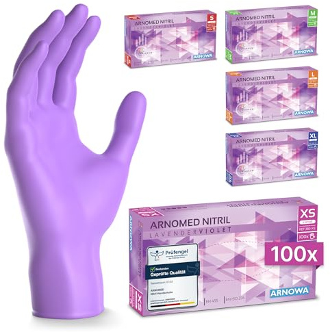 ARNOMED 100x Guanti nitrile XS Viola, Guanti monouso senza polvere e lattice, Guanti plastica usa e getta dermanytril, Per cucina, pulizia casa, alimenti e tattoo XS, S, M, L, XL