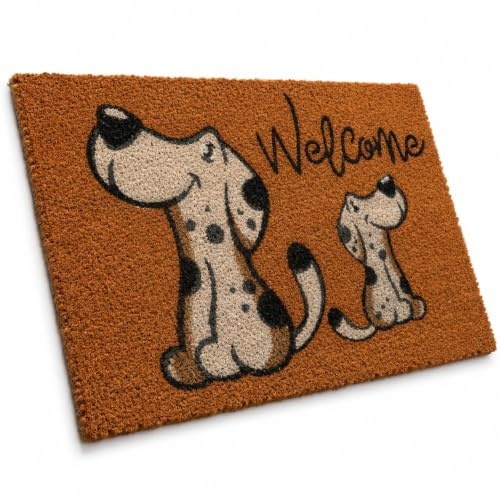 Entrando Fußmatte Kokos außen 40x60 cm, Welcome mit Hund | Rutschfeste Kokosmatte mit Hunde-Motiv und Welcome Schriftzug - lustige Türmatte für die überdachte Haustür