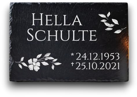 Die Geschenke Manufaktur Gedenktafel personalisiert Design Blumenranke mit persönlicher Gravur, Grabstein/Grabplatte aus natürlichem Schiefer, Individueller Grabschmuck aus Stein, Trauer