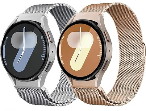 2 Stück Mesh Metall Armband für Samsung Galaxy Watch 7/6/5/4/FE 40 44mm | Keine Lücke Magnetische Armbänder für Samsung Galaxy Watch 6 Classic 43 47mm/5 Pro 45mm/4 Classic 42 46mm,Silber/Roségold