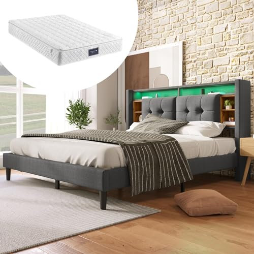 KnSam Polsterbett Doppelbett Stauraum-Kopfteil Bett mit Aufladen USB und Bettgestell Lattenrost aus Holz, 160x200cm, Grau (Mit Matratze)
