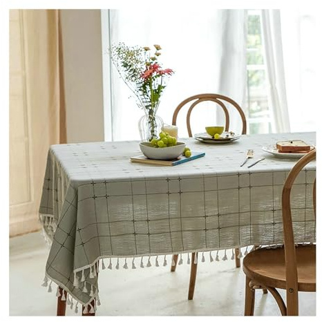 Gualiy Nappe de Table en Coton Lin, Nappe de Table 100x160CM Nappe Anti Tache sans Repassage Plaid à Rayures avec Glands Nappe pour Table à Manger Picnic Party Jardin Cuisine, Sarcelle