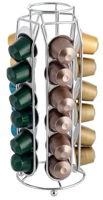 Avilia Portacapsule Rotondo da Mobile - Sopramobile Organizer per Cialde, per 30 Capsule Compatibile con Nespresso, in Metallo, 12.3x25cm, Argento