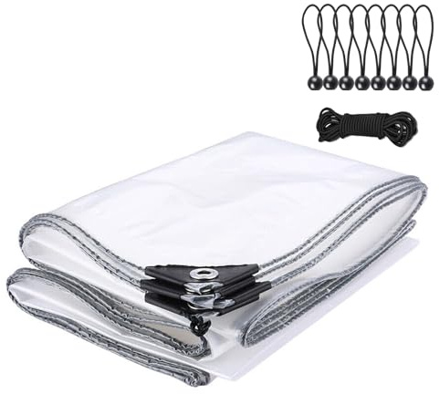 2m x 6m Clear Tarpaulin Waterproof Heavy Duty with Eyelets Rainproof Cover | 8Pcs Bungee Cords with Balls, Transparent Tarp for Garden,Balcony,Greenhouses,Pergola,Roof,Gazebo Side Panels,Plastic Sheet