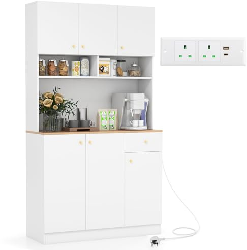 TANGZON Tall Kitchen Cupboard, 180CM Wooden Storage Cabinet with AC Outlets, USB Ports, Adjustable Shelves, Countertop, Drawer & Anti-tipping Kit, Freestanding Dining Living Room Sideboard (White)