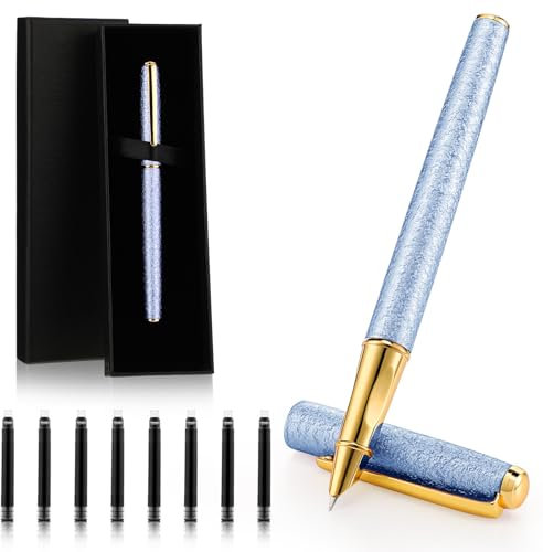Amabro Metal Fountain Pen Set, 0.5mm Fine Point luxury Pen Calligraphy Pen Smooth Writing Pens with Ink Sac Nice Pen Gift Case for Men Women Professional Executive Office School Journaling(Blue)