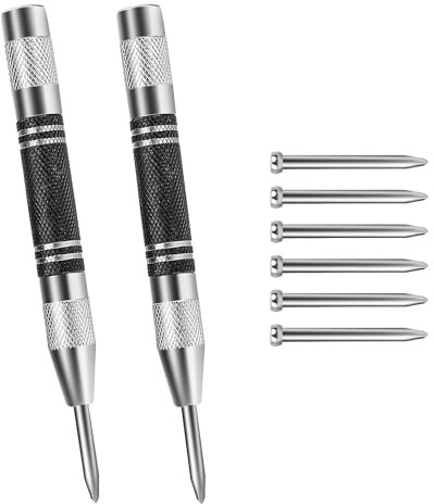 GIONAR Automatic Centre Punch Set, 2 Centre Punch with 6 Replacement Tips, Adjustable Heavy Duty Spring Loaded Center Punch, Punch Tool, Metal Hole Punch for Glass Wood Thin Steel Sheets
