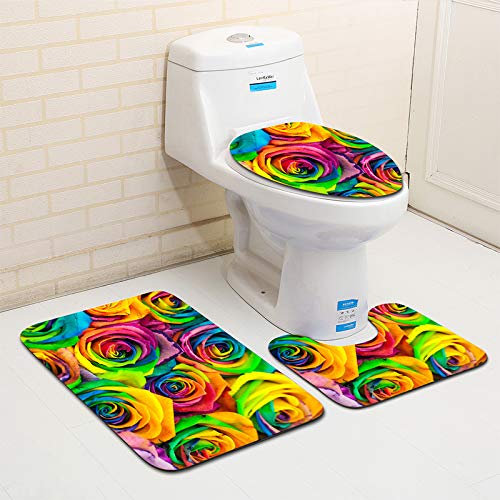 Bad Teppiche Set 3-Teiliges Bunte Rose WC Vorleger Mit Ausschnitt Badematte Saugfähig WC Deckelbezug Badvorleger rutschfest Waschbar Toilettensitzbezug Badgarnitur (45x75cm)