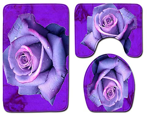 Bad Teppiche Set 3-Teiliges Lila Elegante Blume WC Vorleger Mit Ausschnitt Badematte Saugfähig WC Deckelbezug Badvorleger rutschfest Waschbar Toilettensitzbezug Badgarnitur (50x80cm)
